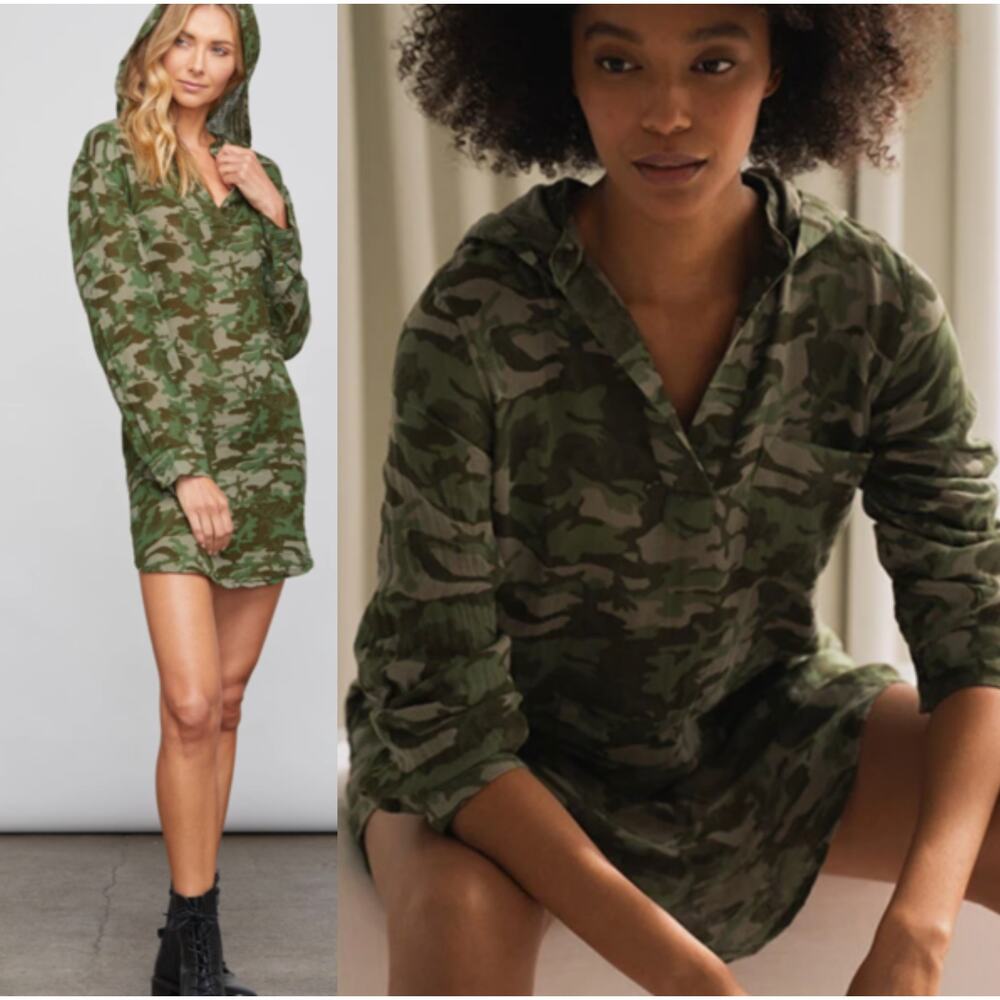 NEW Sundays Lucia Camouflage Gauze V Neck Hoodie Dress Green Size: 1